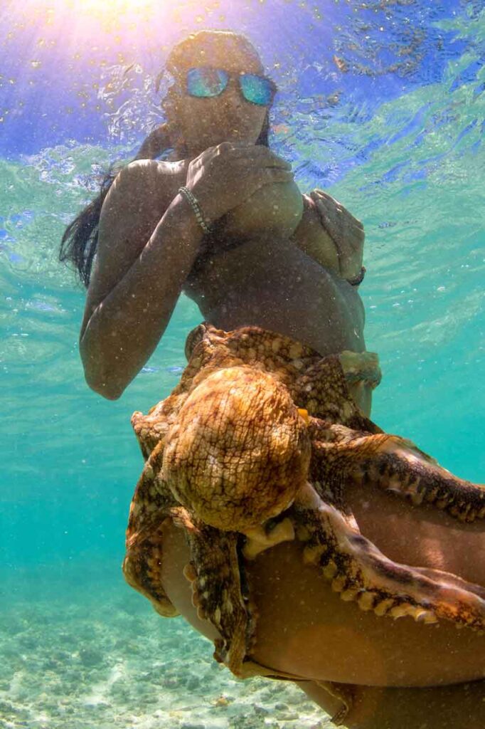 Modelo de gafas de sol Bomber Floating Eyewear haciéndose pasar por una sirena cubierta por un pulpo vivo