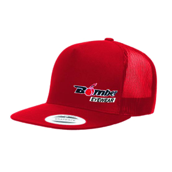 Gorra classico snapback, rojo, con diseño de Bomber Eyewear bordado en el frente.